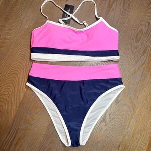 Ocean Blues Womens Fuchsia Navy Colorblock High Waist Bikini Set Size M NEW